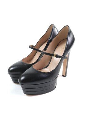 Gucci Belt Design Almond Toe Thick Sole Leather Pumps Black Heels